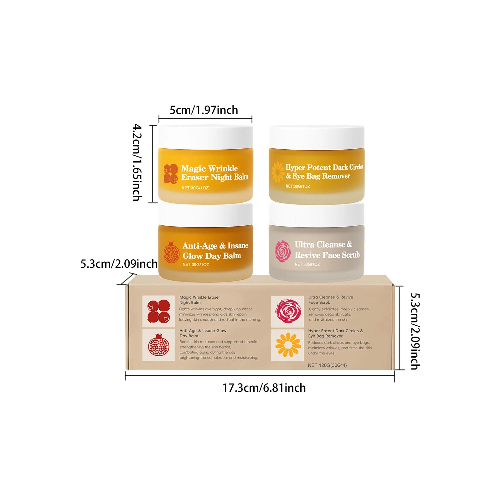 Four skincare jars in a box, including night and day balms, eye cream, and face scrub, with dimensions indicated.