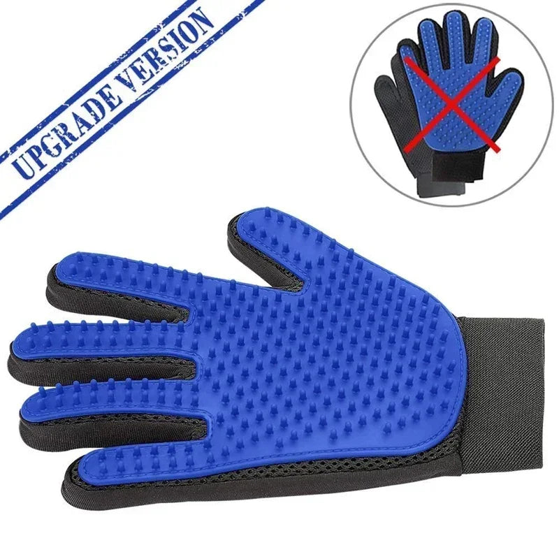 Blue rubber grooming glove for pets with silicone bristles and a black mesh backing, featuring an adjustable strap.