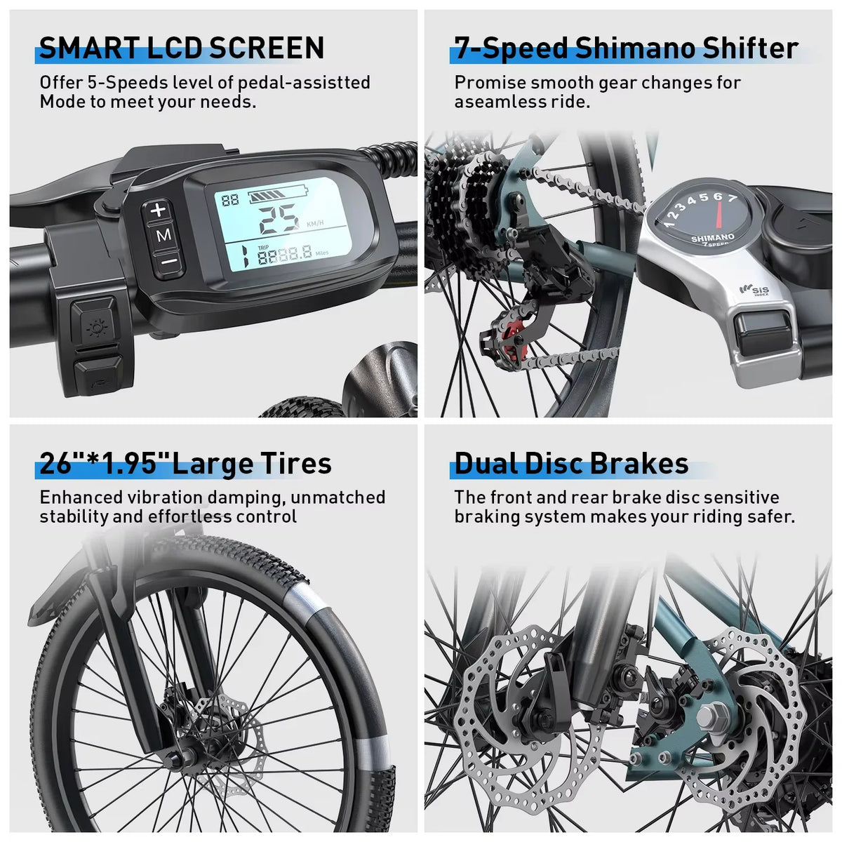 Four-panel e-bike detail view showing smart LCD screen, 7-speed Shimano shifter, 26-inch tire, and dual disc brakes.