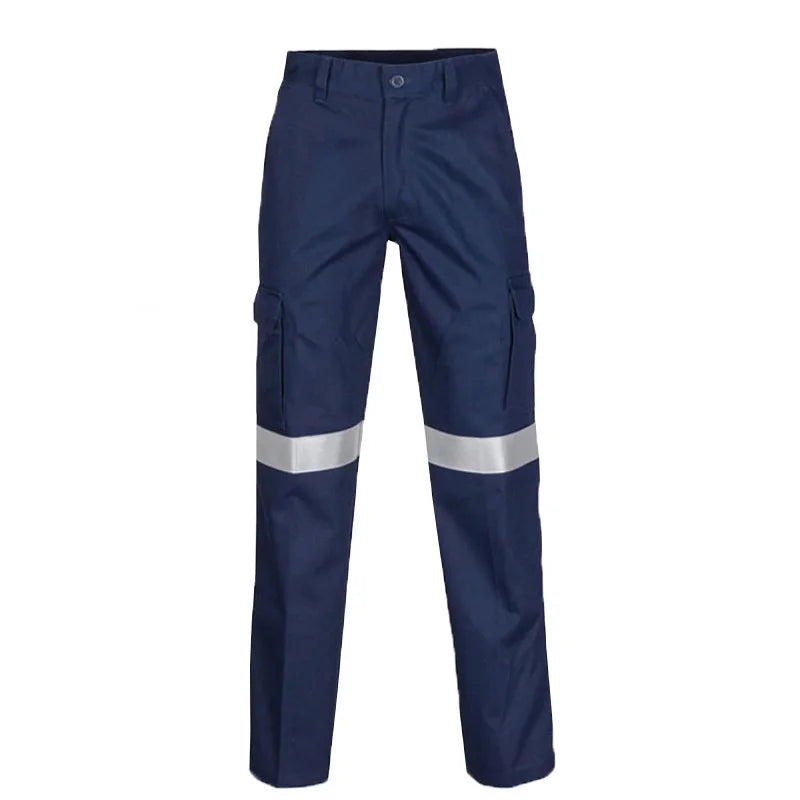 Navy blue men’s work trousers featuring side cargo pockets and reflective silver tape strips on the lower legs.