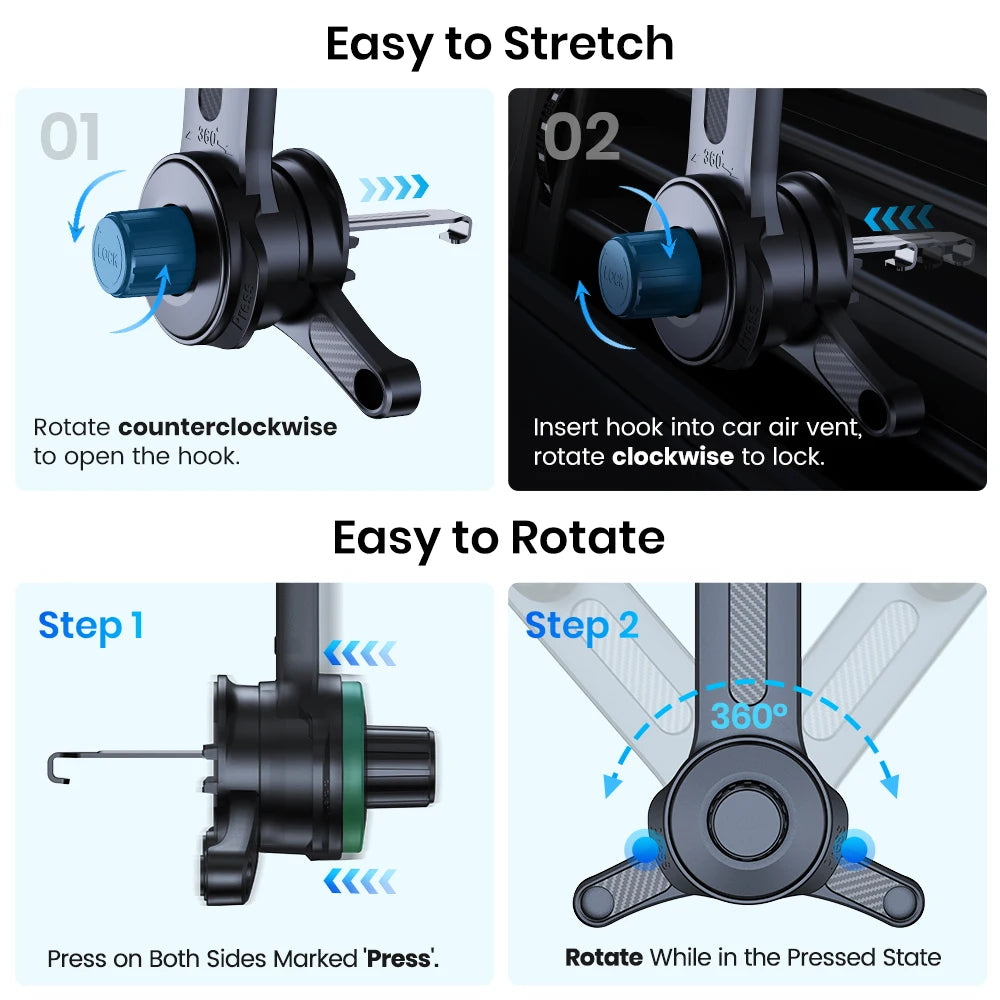 Instructions for a black, 360-degree rotating car air vent phone mount with a locking hook mechanism.
