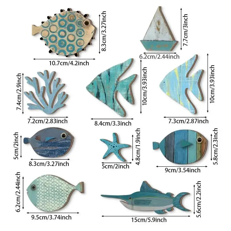 A 10-piece wooden wall decor set featuring coastal-themed fish, a sailboat, starfish, and coral in blue tones.