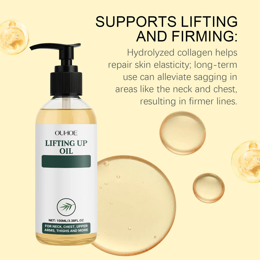 100ml pump bottle of skin-lifting oil with collagen to firm sagging skin on the neck, chest, and arms.