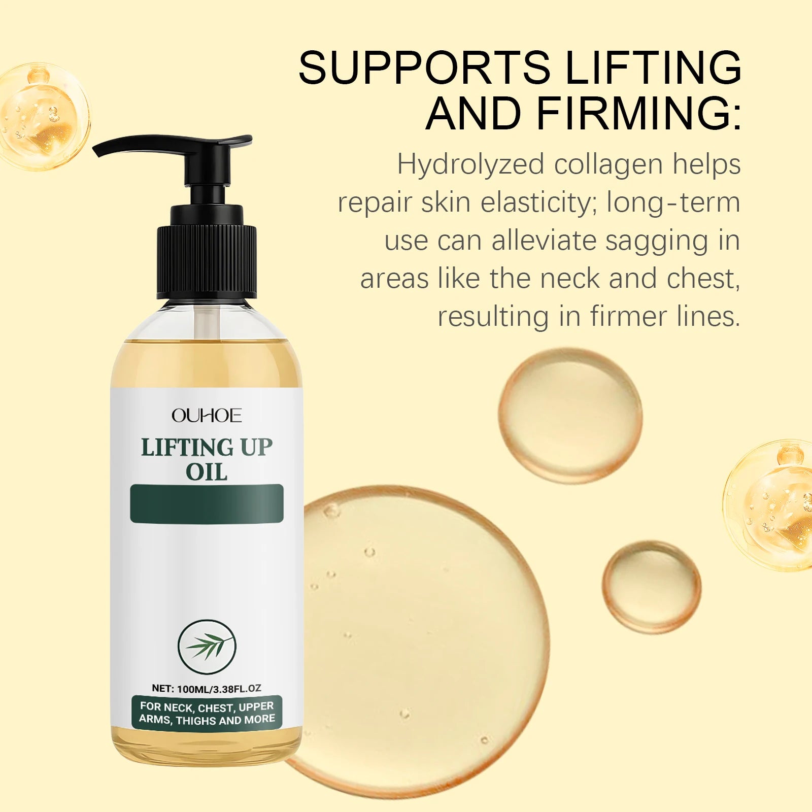 100ml pump bottle of skin-lifting oil with collagen to firm sagging skin on the neck, chest, and arms.