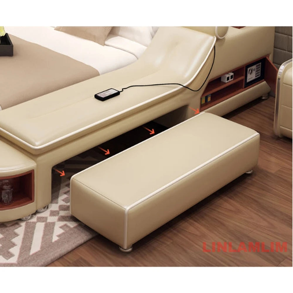Modern beige genuine leather bed with built-in storage, integrated shelving, and matching upholstered footstool.