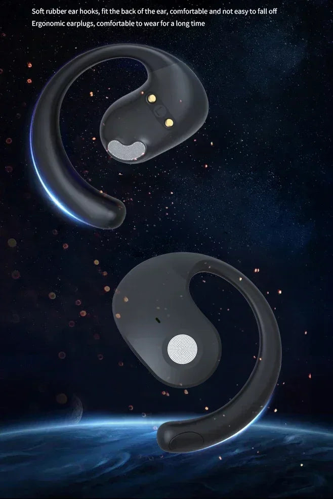 Black ergonomic wireless earbuds with soft rubber ear hooks against a starry space background.