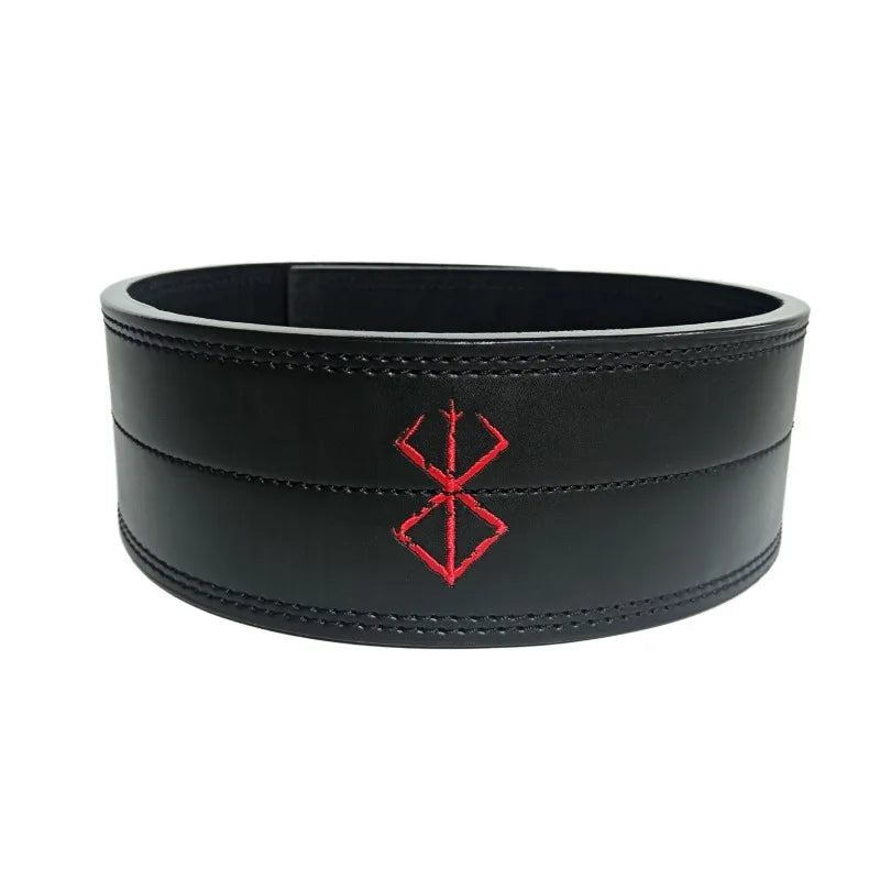 A wide black leather lifting belt features a red embroidered Brand of Sacrifice symbol centered on the back.