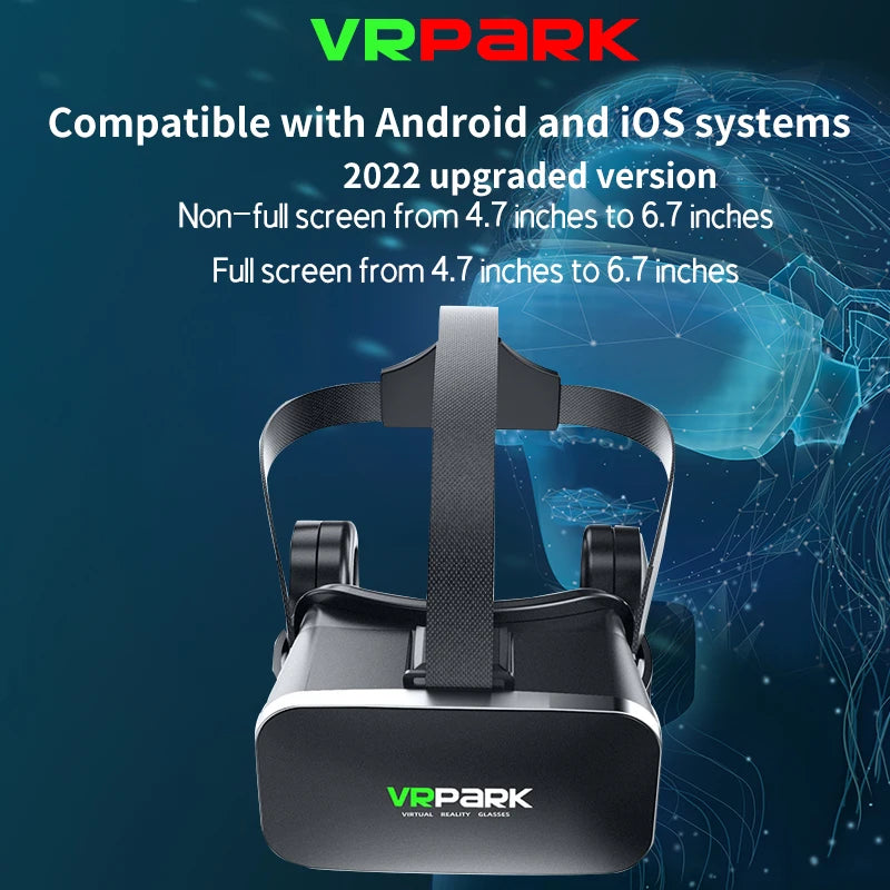 Black 3D VR headset with an adjustable head strap, designed for smartphones between 4.7 and 6.7 inches.