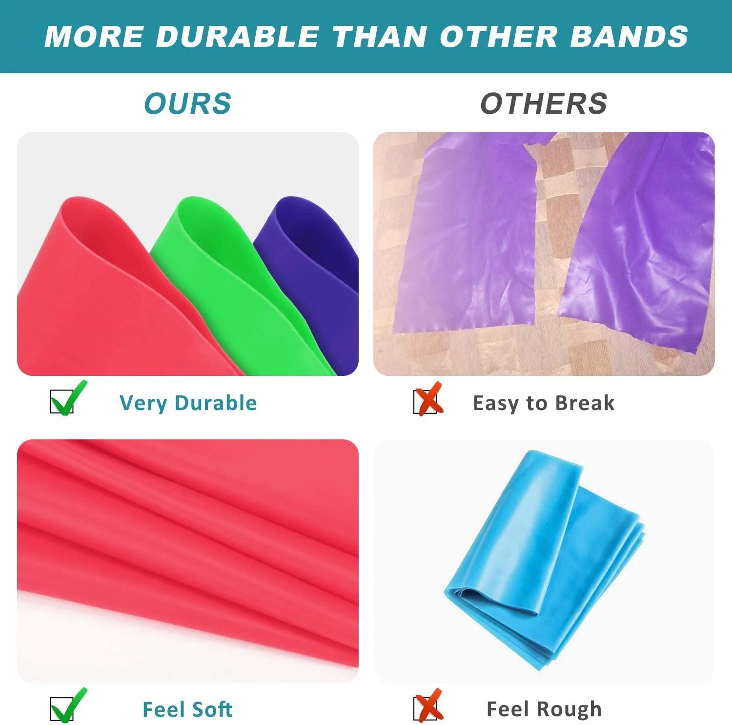 Comparison chart showing durable red, green, and blue resistance bands versus inferior, easily broken alternatives.