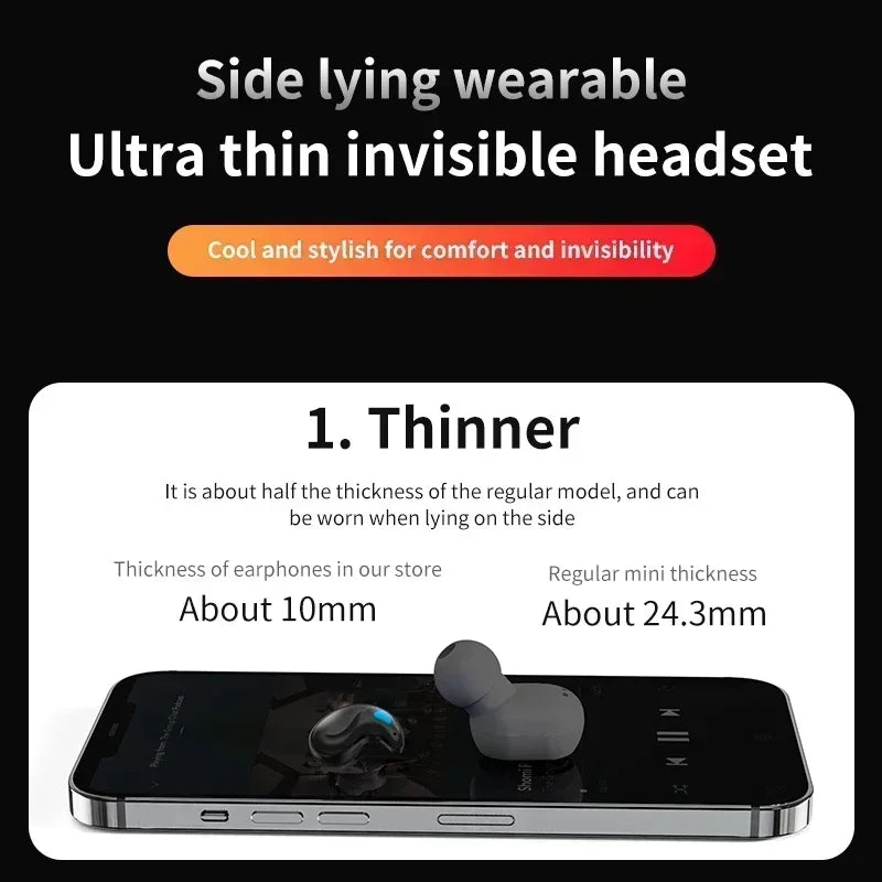 Ultra-thin, grey wireless earbud designed for comfort while side-lying, shown next to a smartphone for size scale.