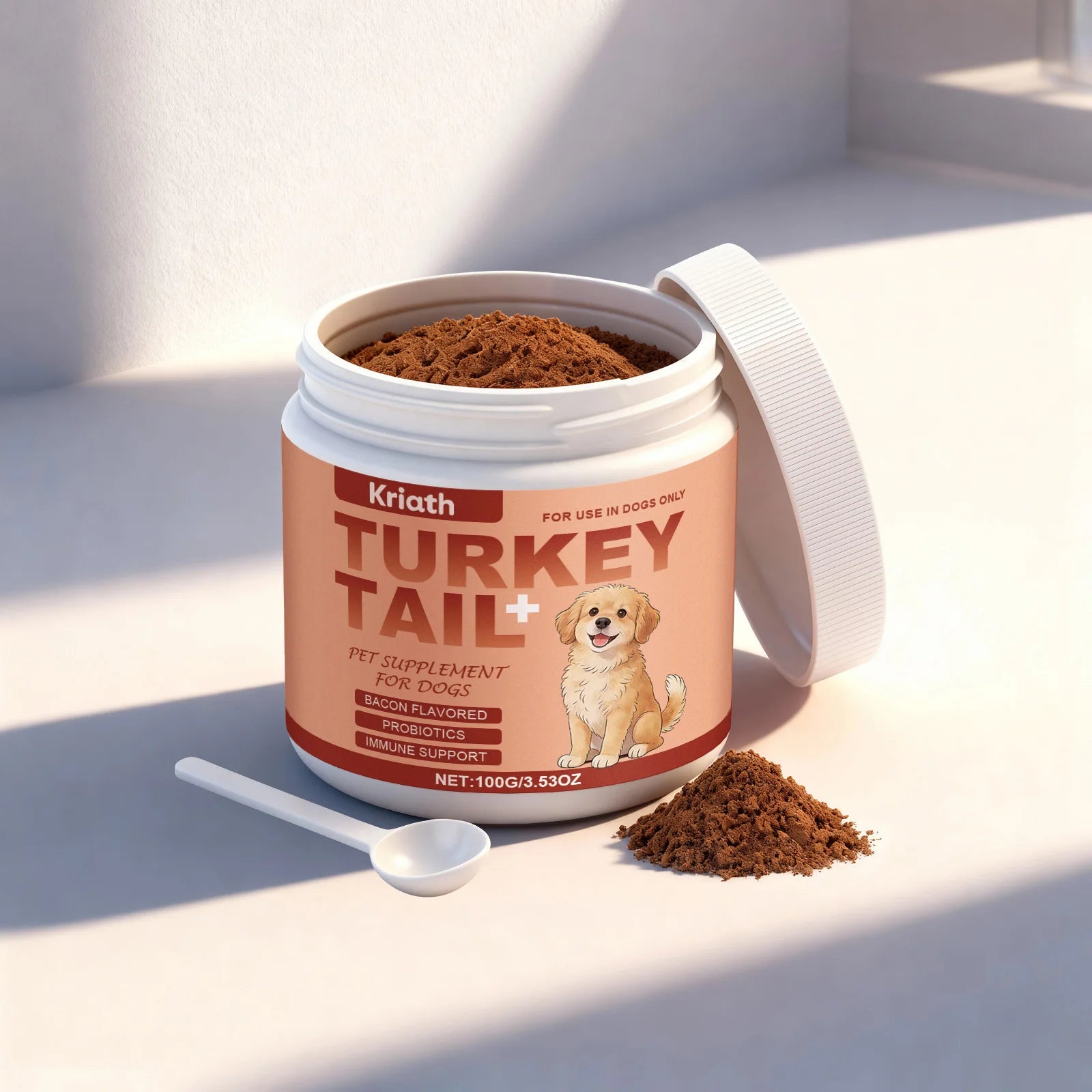 Bacon-flavoured turkey tail dog supplement powder in a 100g tub with a white scoop, promoting immune support.