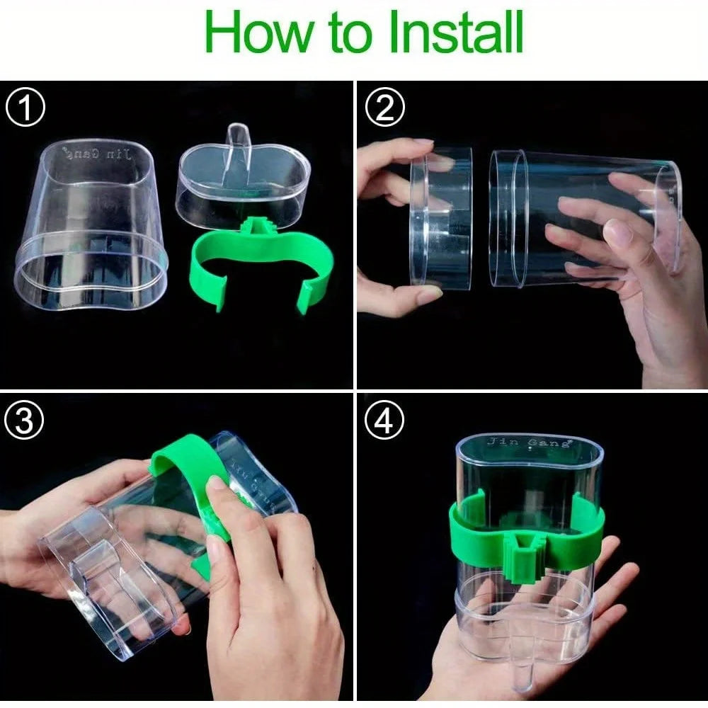 Four-step installation guide for a clear plastic bird feeder cup with a bright green mounting bracket.