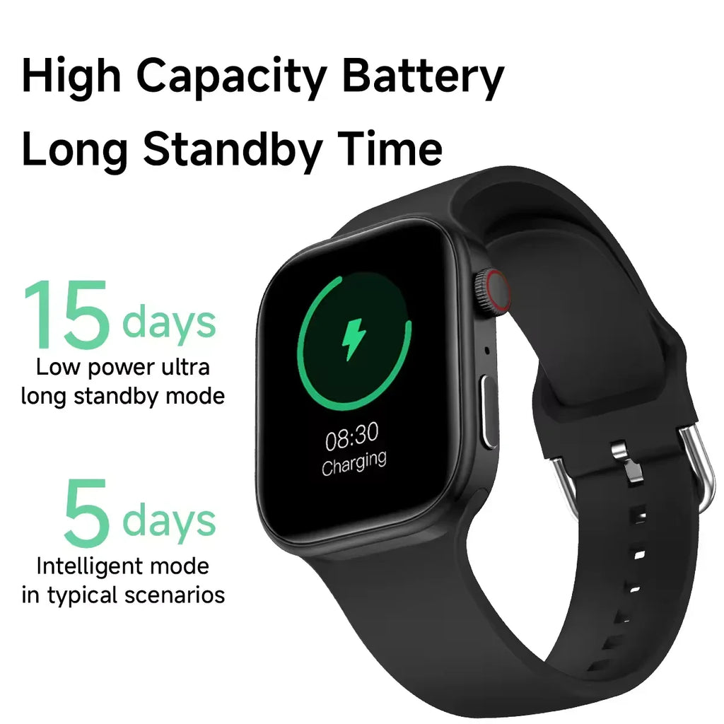 Black multi-sport smartwatch with a sleek, square display showing a 15-day ultra-long standby battery life indicator.