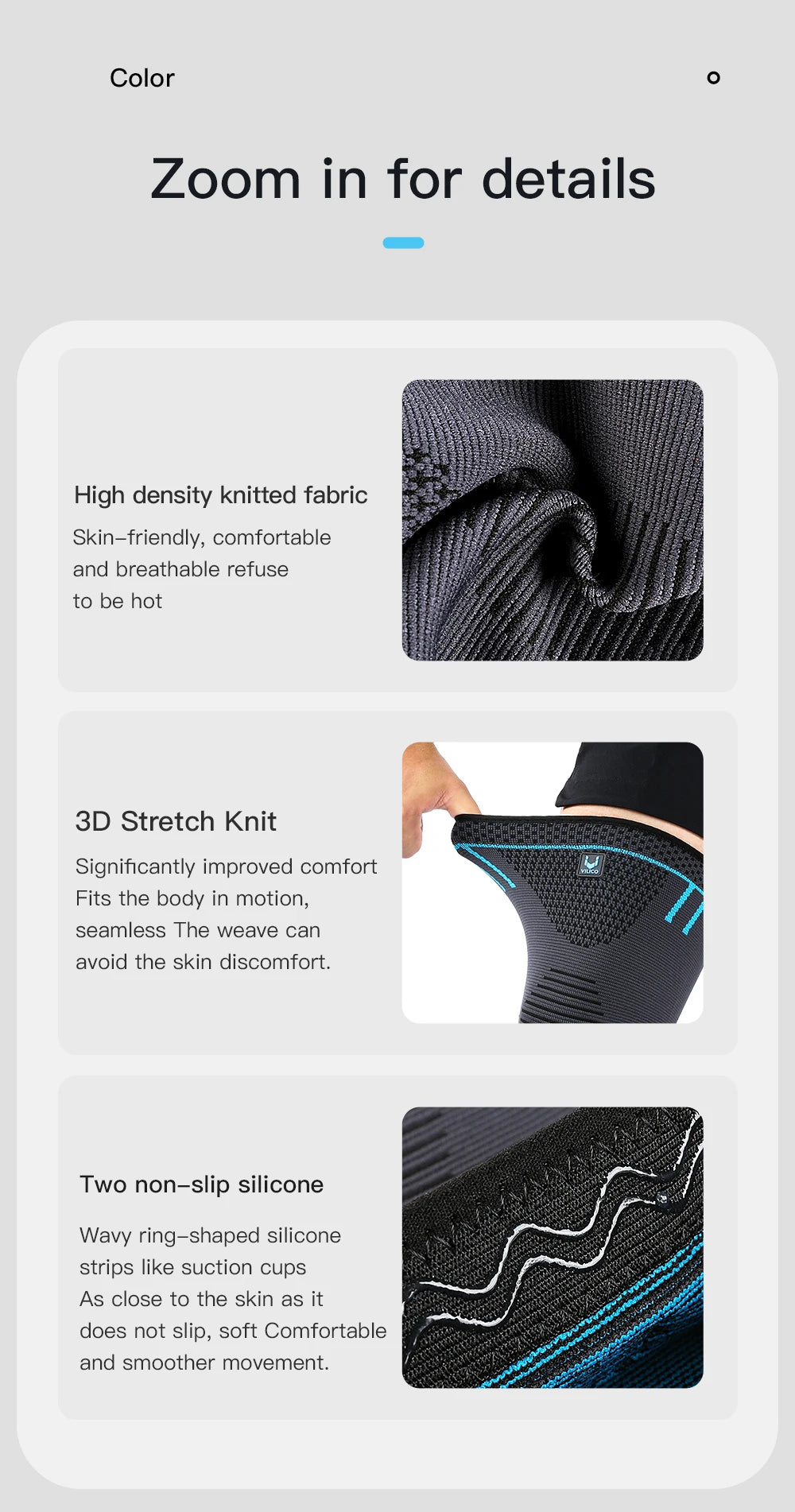 Dark grey knee support brace with blue accents, featuring breathable knit fabric and non-slip wavy silicone strips.