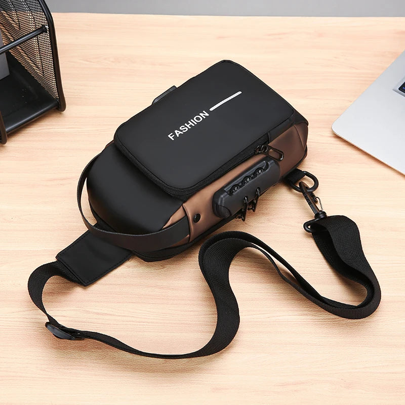 Black and bronze anti-theft chest bag with a combination lock, adjustable shoulder strap, and USB charging port.