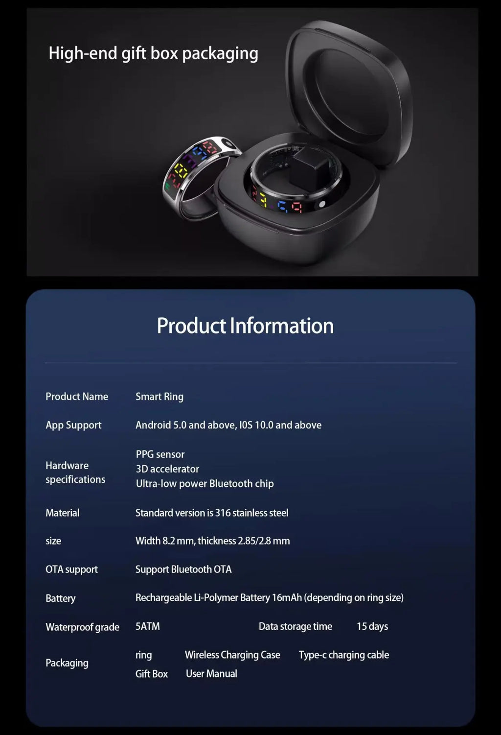 Silver smart ring with multi-colour digital display, shown with its wireless charging case and product specifications.