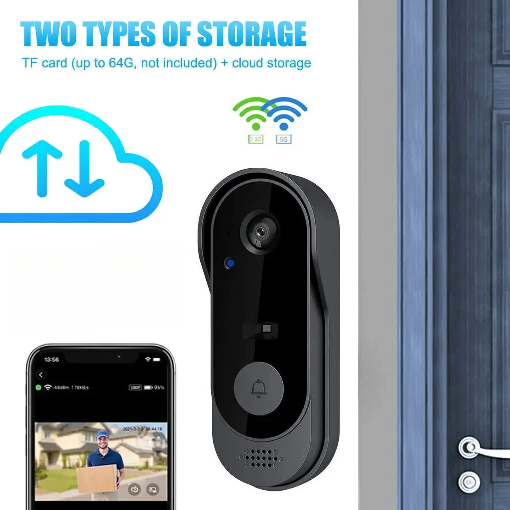Sleek black 1080P smart Wi-Fi video doorbell with night vision, showing cloud storage and smartphone app compatibility.