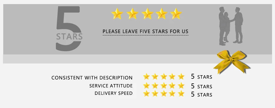 Graphic displaying a five-star rating request, golden ribbon, and categories for quality, service, and delivery speed.