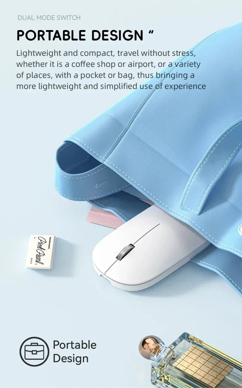 A slim, white, ergonomic wireless mouse shown partially tucked inside a light blue handbag for a portable design.