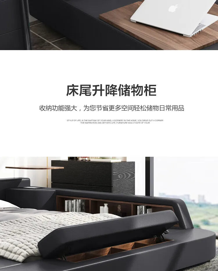 Modern charcoal grey upholstered bed with integrated shelving and a hinged storage compartment at the foot of the bed.