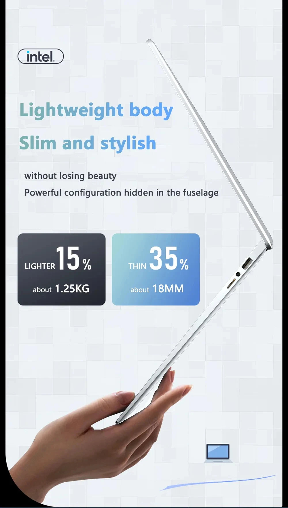 A hand holds a slim, silver 14.1-inch laptop that is lightweight at 1.25kg and 18mm thin.