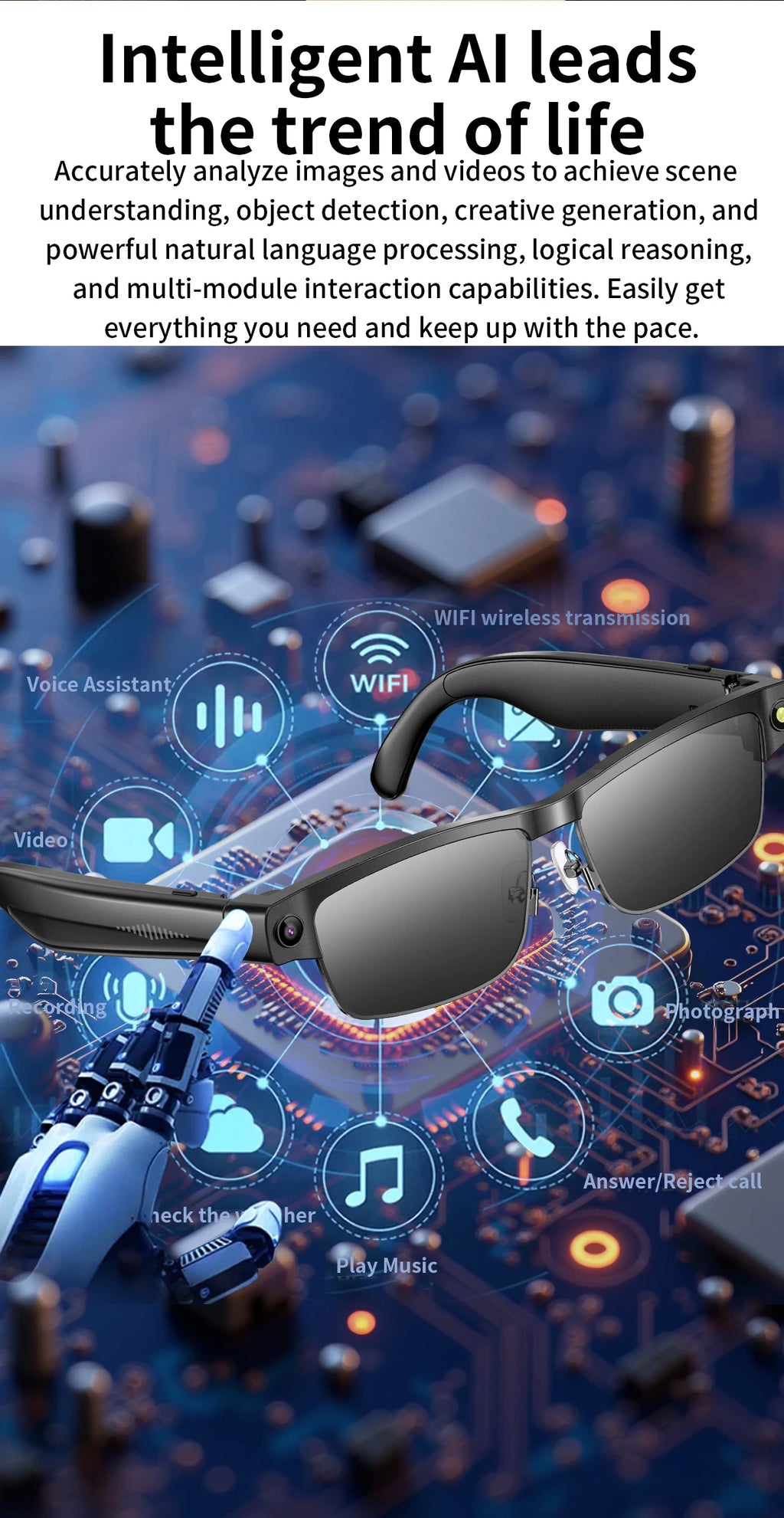 Sleek black smart glasses with integrated camera, featuring digital icons for voice assistant, video, and audio functions.
