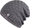 Grey, chunky-knit unisex beanie hat with a warm, plush faux-fur lining and a small rectangular tab detail.