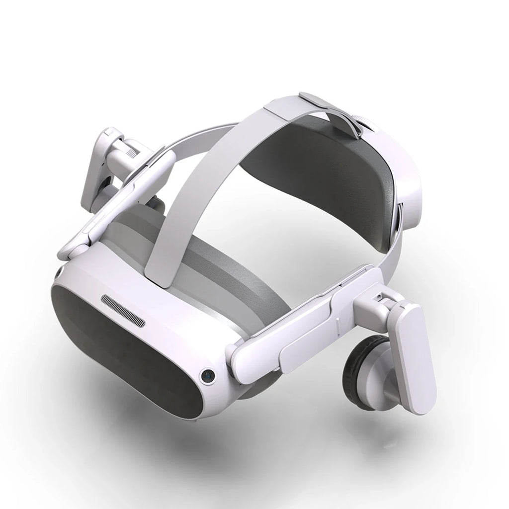 White VR headset fitted with adjustable, padded ear muffs for enhanced audio comfort and immersive gaming.