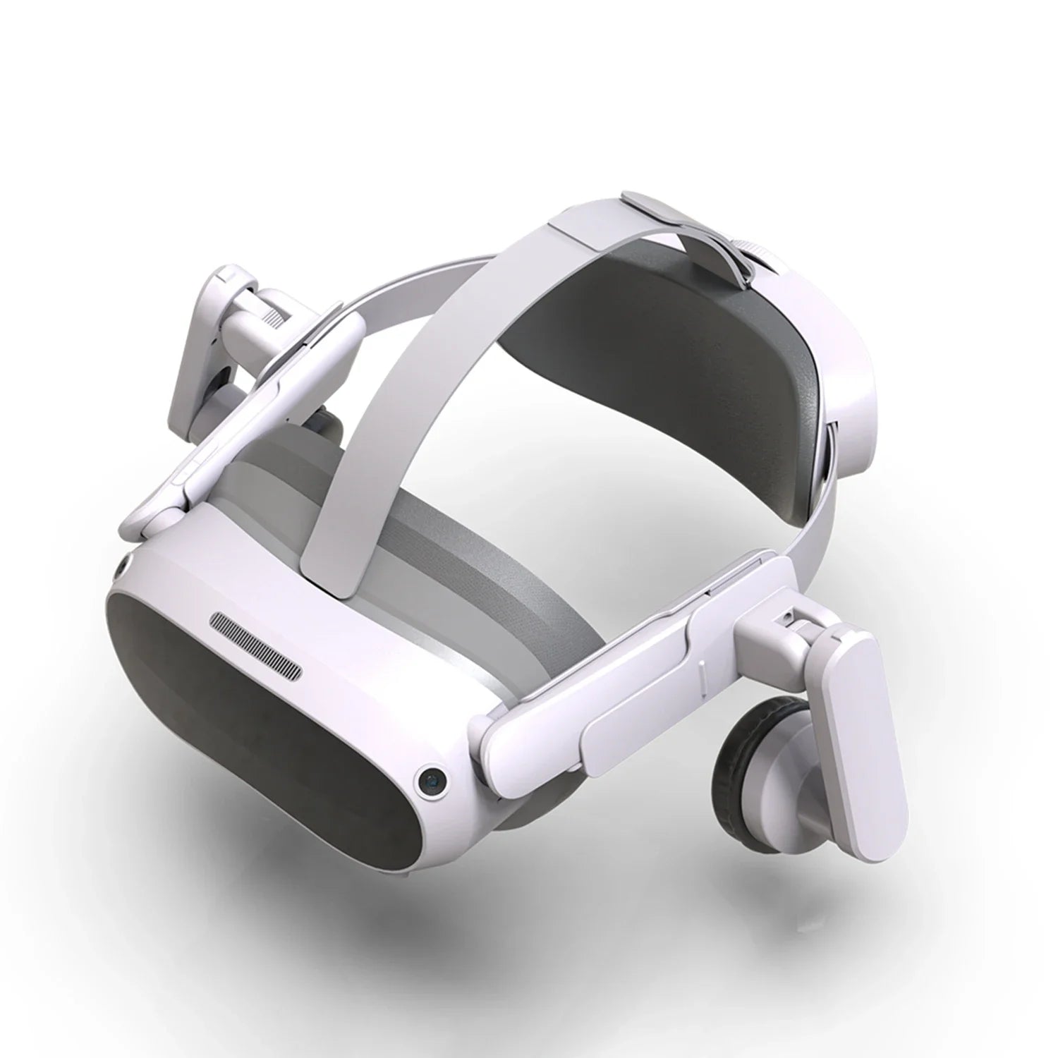 White VR headset fitted with adjustable, padded ear muffs for enhanced audio comfort and immersive gaming.