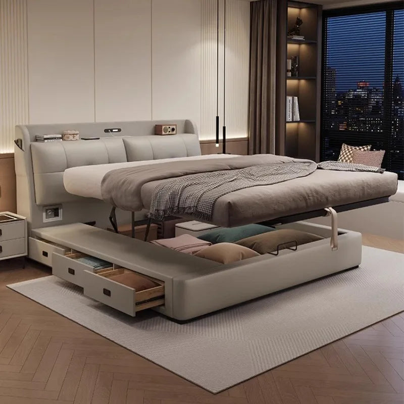 Modern cream upholstered storage bed with integrated headboard shelving, drawers and lift-up ottoman base.