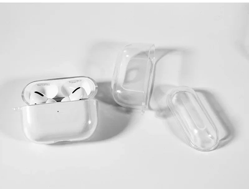 Clear protective case for AirPods Pro. Transparent, durable material shown with charging case and earbuds.