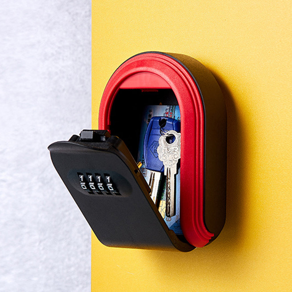 Black and red wall-mounted metal key lock box with a 4-digit combination dial, showing keys and a card inside.