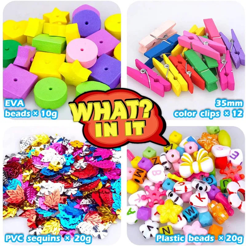 Assorted kids' craft supplies including colourful EVA beads, wooden clips, metallic leaf sequins, and patterned beads.