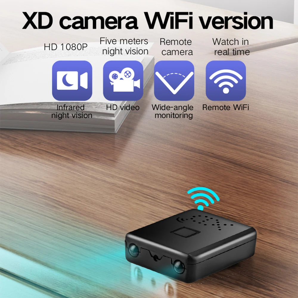 Black plastic XD WiFi security camera with HD recording, infrared night vision, and wide-angle remote monitoring.