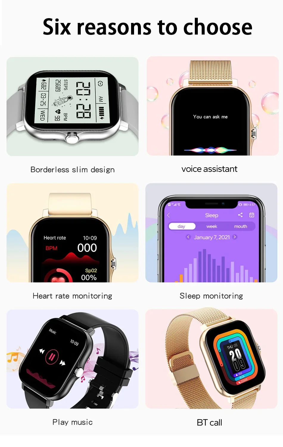 Smartwatch with a 1.44-inch touch screen, featuring health tracking, voice assistant, music control, and Bluetooth calling.