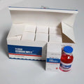 White box set containing multiple small individual boxes and one glass vial of red liquid with a blue cap.