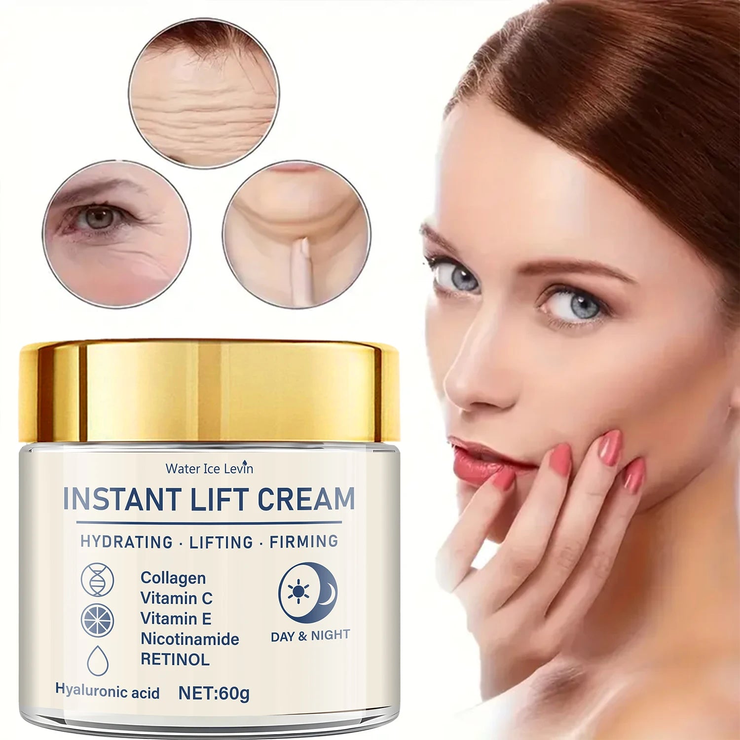 Anti-ageing face cream in a glass jar with gold lid, featuring collagen, retinol, and hydrating ingredients.