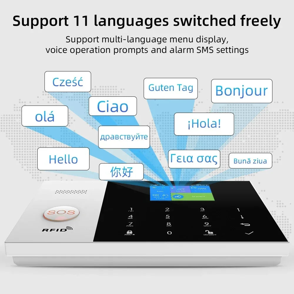 White and black wireless smart alarm panel with a colour touch display, SOS button, RFID reader and language settings.