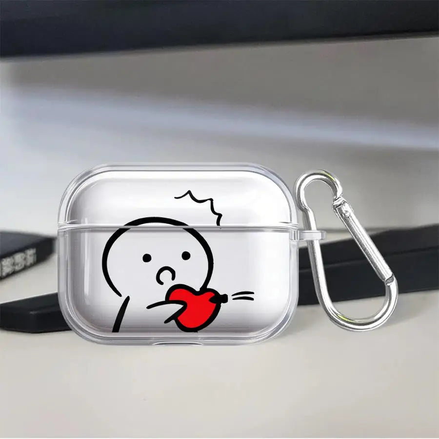 Clear TPU AirPods Pro case with a cute cartoon heart-blowing character print and silver carabiner attachment.