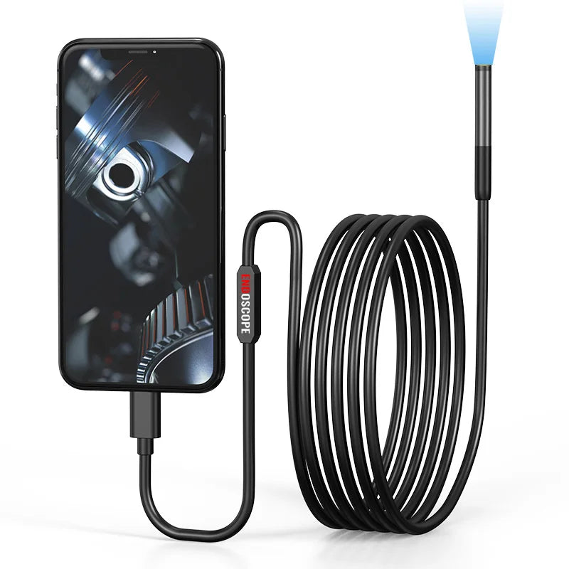 Black HD industrial endoscope camera connected to a smartphone, featuring a long flexible cable and an LED light probe.