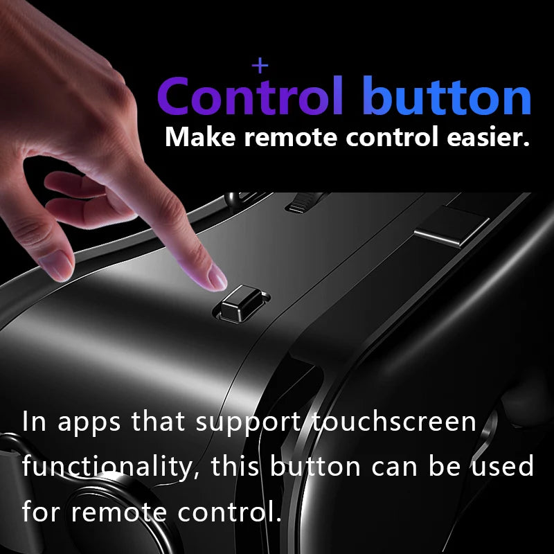 Black VR headset with a top-mounted control button being pressed by a hand.