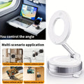White, foldable ring light and magnetic phone mount on a suction cup base, shown with various mounting examples.