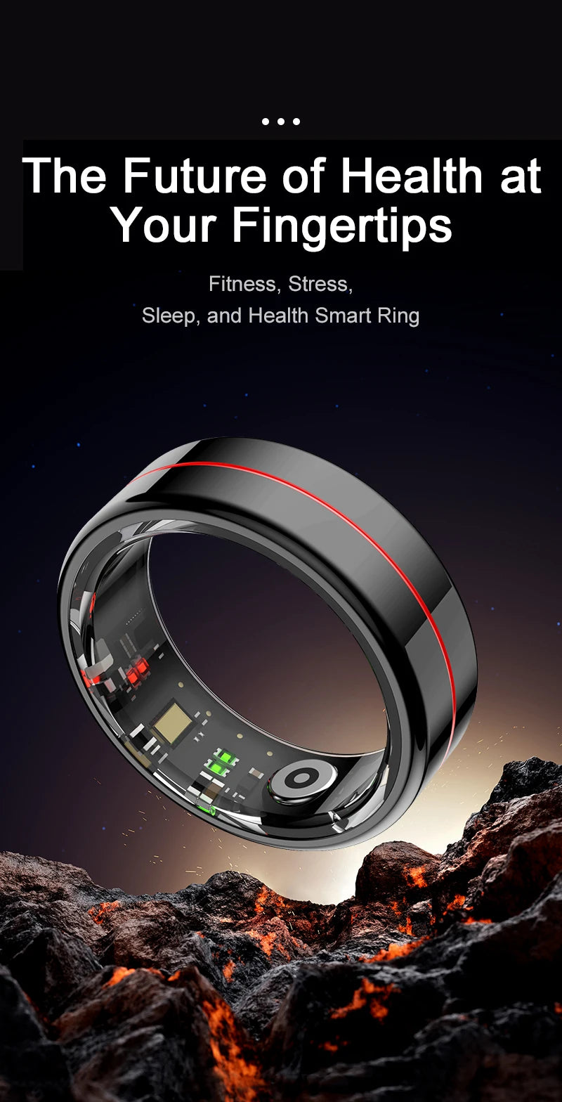 Sleek black smart health ring with a thin red line, displaying internal sensors against a volcanic background.