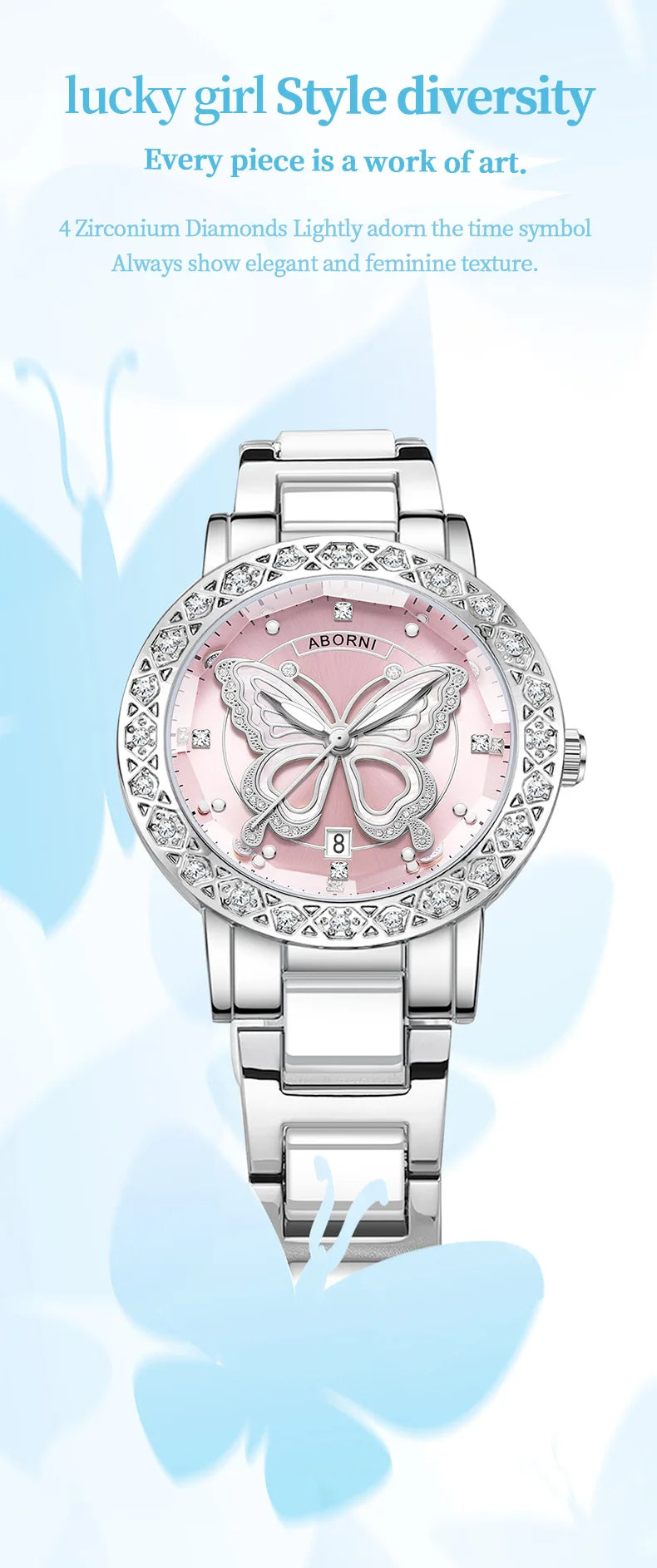 Luxury women's watch with a silver link strap, crystal-set bezel, and a pink dial featuring a butterfly motif.