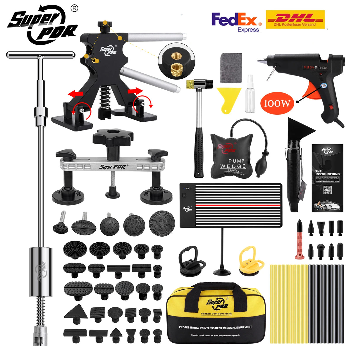 Super PDR black and silver car dent repair kit with pullers, a T-bar slide hammer, glue gun, and various tabs.