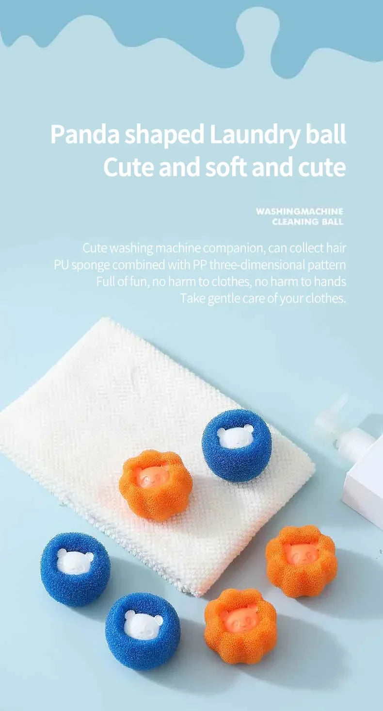 Blue and orange sponge laundry balls with cute panda designs on a white cloth on a light blue background.