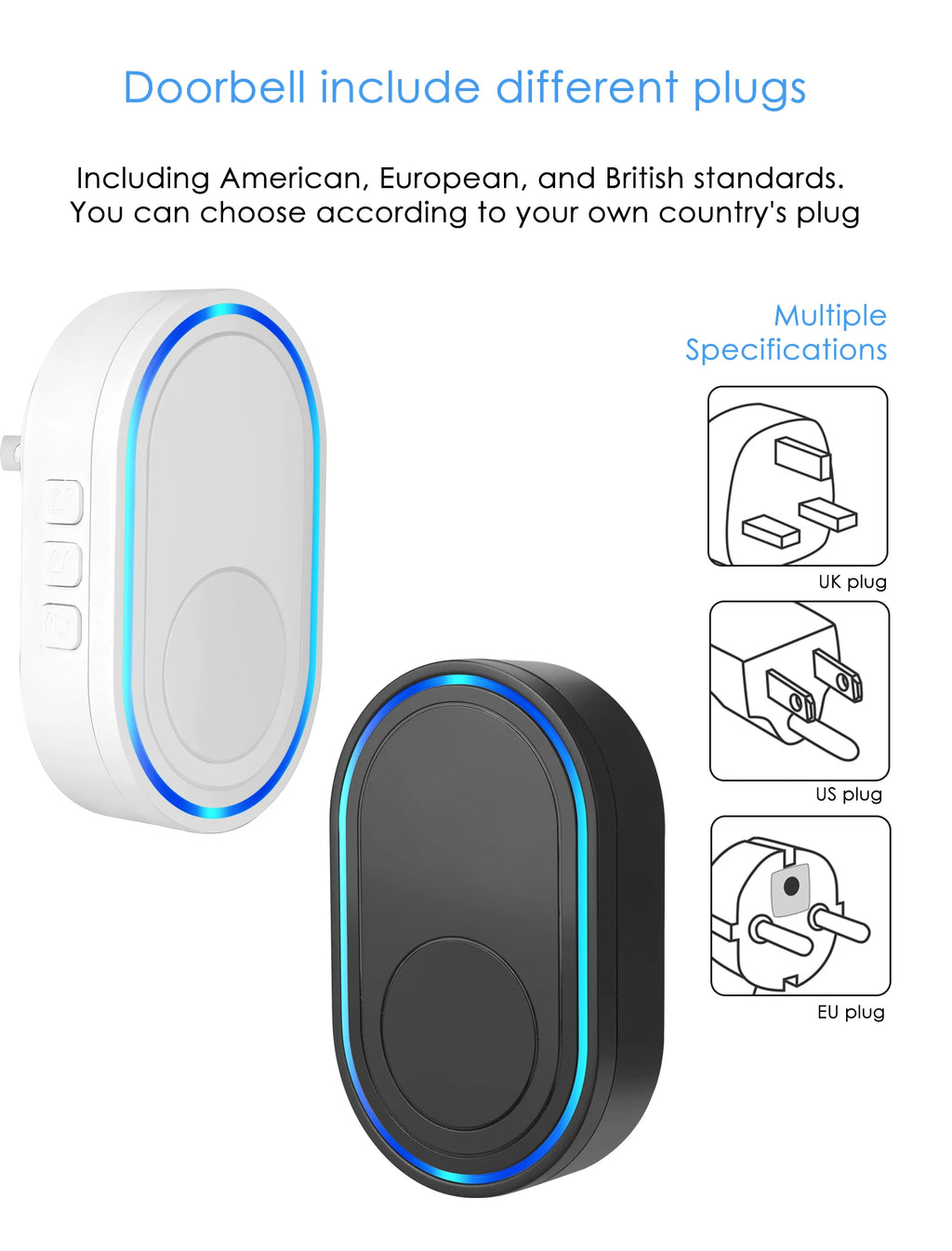 Black and white wireless smart doorbell chimes with circular blue LED light rings and various international plug options.