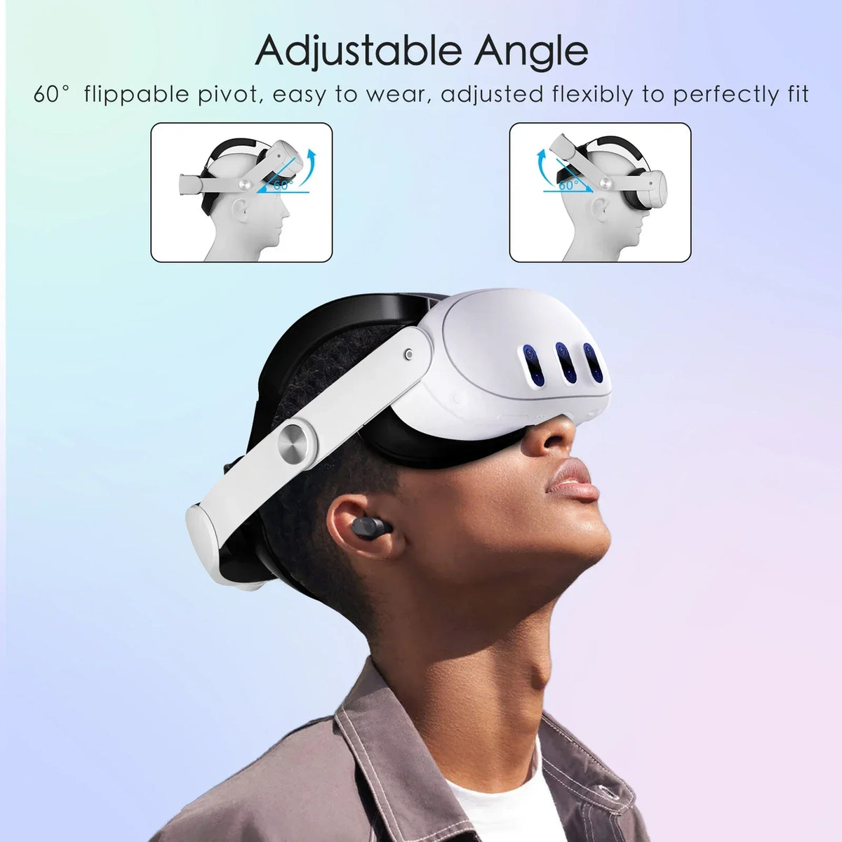 White and black VR headset elite strap replacement with 60-degree adjustable pivot worn by a person.
