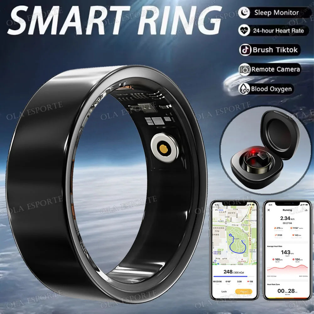 Sleek black waterproof smart health ring with internal sensors, charging case, and companion fitness tracking app.