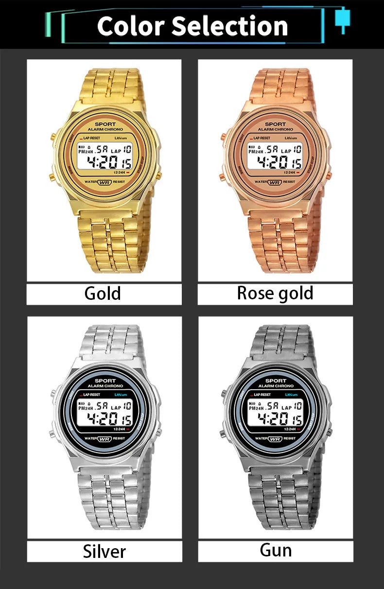 Four retro-style digital LED watches with metal link straps, available in gold, rose gold, silver, and gunmetal grey.